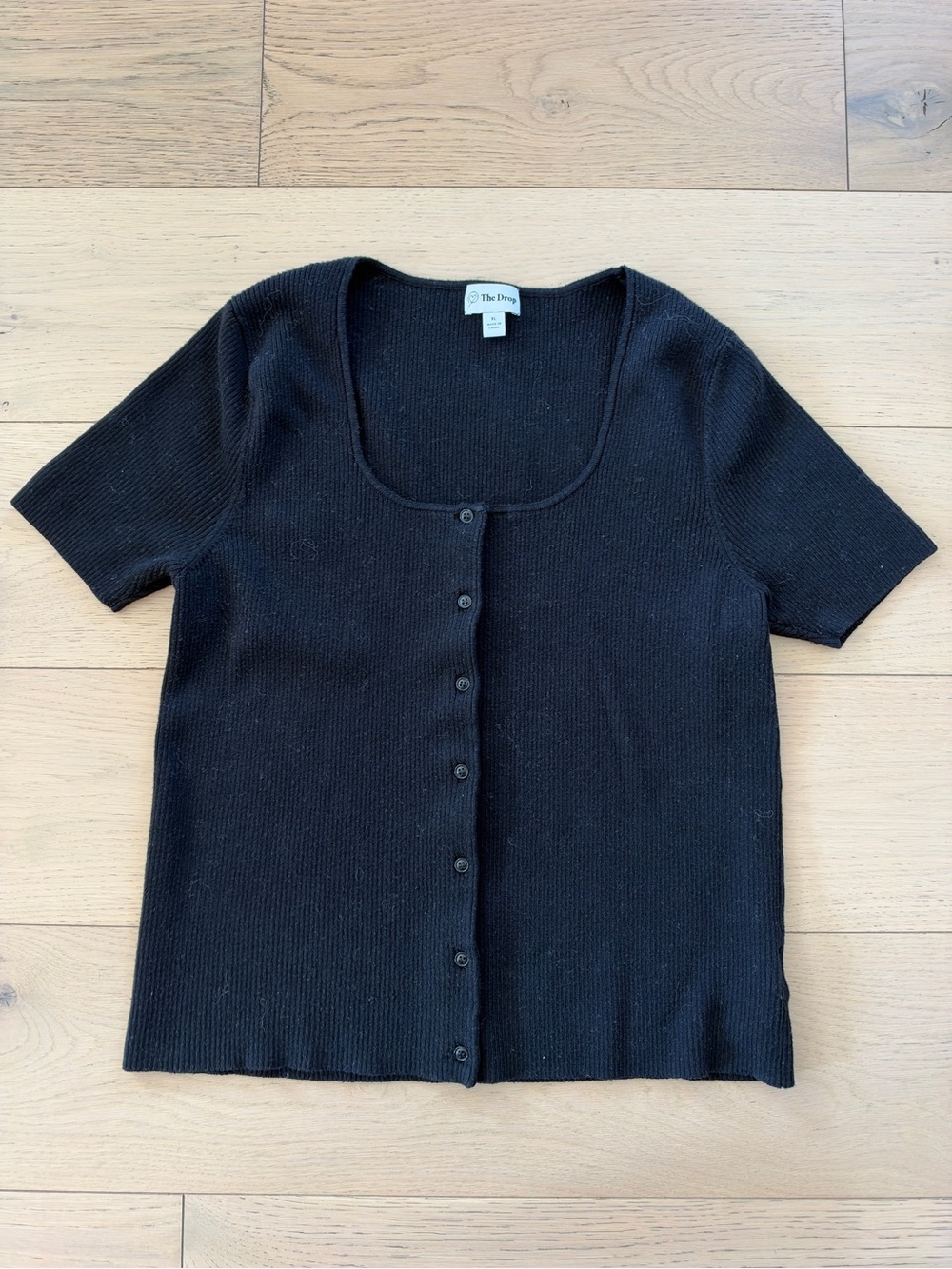 The Drop Black Short-Sleeve Button-Down Knit Top